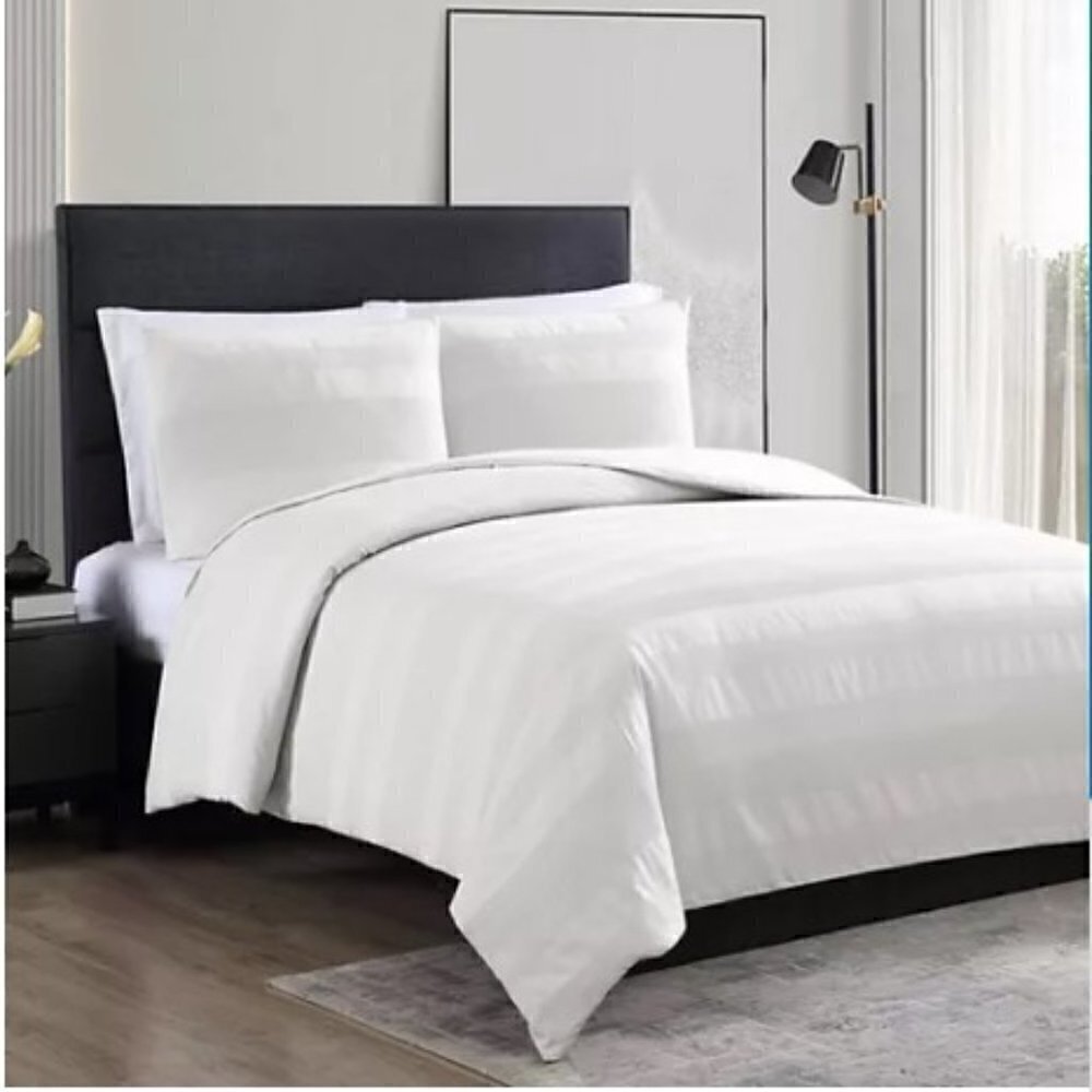 Vera Wang Queen White Waffle Stripe 3-Piece Cotton Duvet Cover Sham Set New